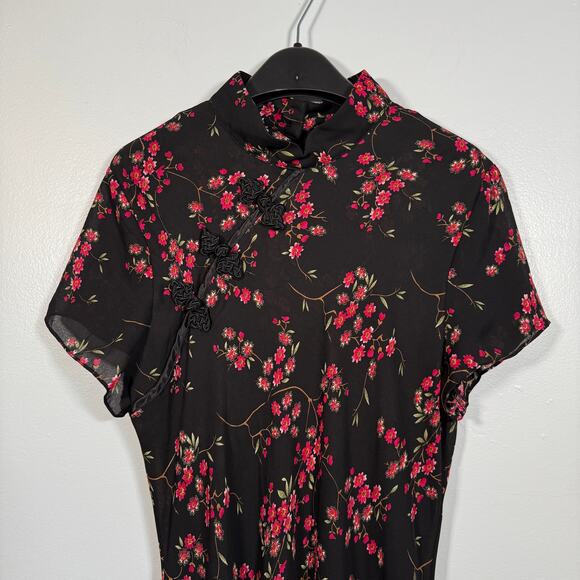 Unknown Dresses & Skirts - Vintage 90s Silk Bias Cut Maxi Dress Black Cherry Blossom Frog Closure Cheongsam